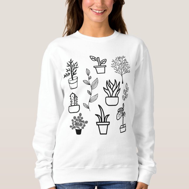 Handdrawn Flowers Doodles Black and White Plants Sweatshirt (Front)