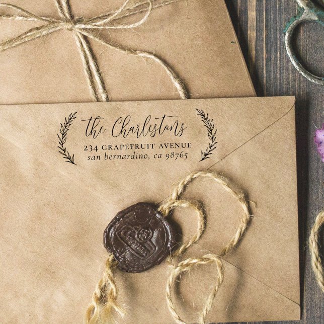 Handdrawn Leaves Calligraphy Family Return Address Rubber Stamp (Stamp Mockup)