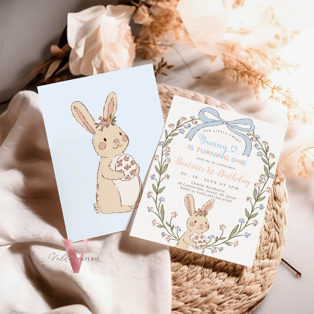 Handdrawn Pastel Colourful 1st Sweet Bunny Birthda Invitation (Creator Uploaded)