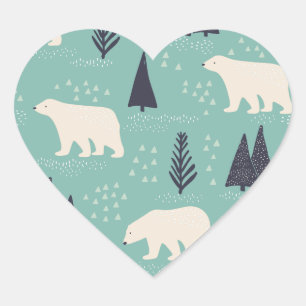 Handdrawn Polar Bears Evergreen Trees in the Snow Heart Sticker
