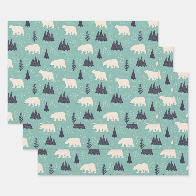 Handdrawn Polar Bears Evergreen Trees in the Snow Wrapping Paper Sheet (Set)