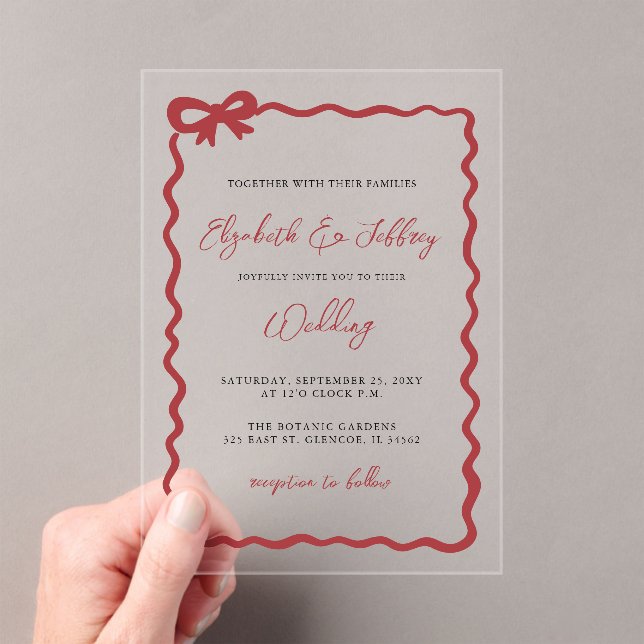 Handdrawn Red Bow Coquette Modern Chic Wedding Acrylic Invitations (Insitu (Handheld))