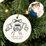 Handdrawn Retro Wedding Car Just Married Photo Ceramic Tree Decoration<br><div class="desc">Celebrate your love in vintage style! This hand-drawn retro JUST MARRIED wedding car ornament with a whimsical ribbon bow frame and custom photo on back makes the sweetest keepsake for newlyweds.</div>