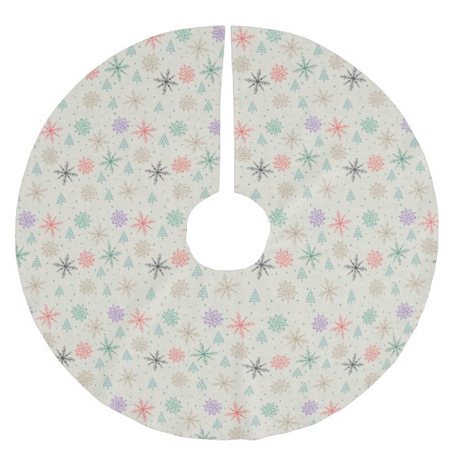 Handdrawn Snowflakes Christmas Trees Multicolor Brushed Polyester Tree Skirt (Front)
