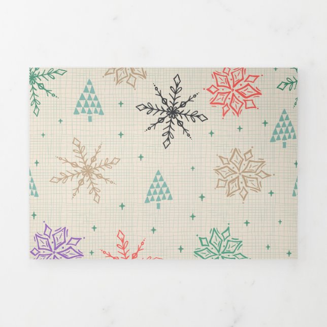 Handdrawn Snowflakes Christmas Trees Multicolor Tri-Fold Holiday Card (Cover)