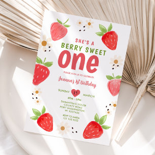 Handdrawn Strawberry Sweet One Berry 1st Birthday Invitation
