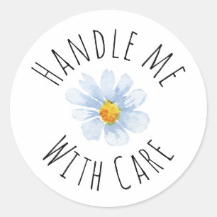Handle me with care Watercolor Light Blue Flower Classic Round Sticker