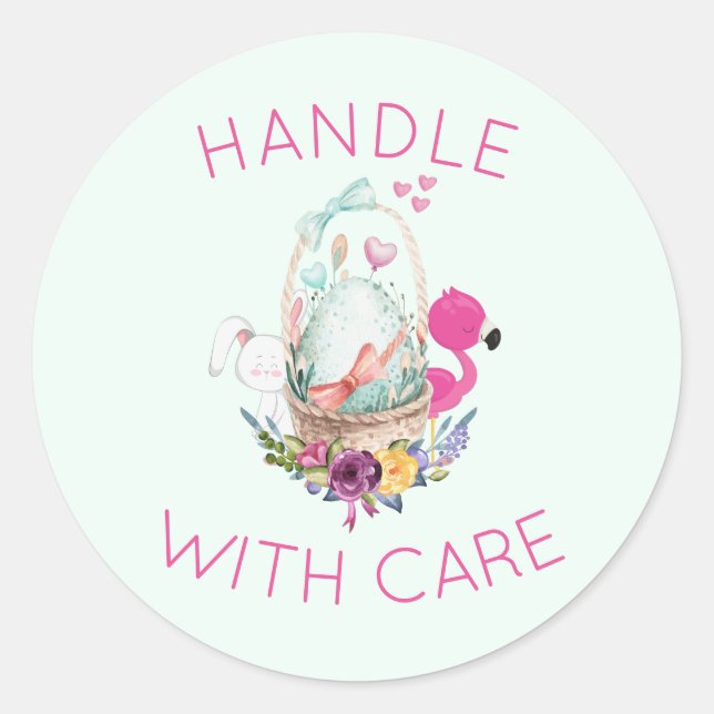 Handle with Care Egg Flamingo & Bunny Classic Round Sticker (Front)