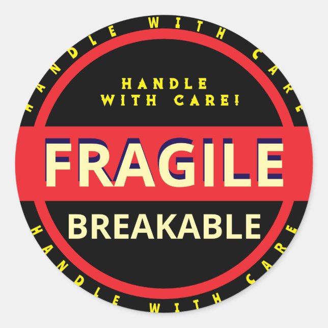 Handle with Care Fragile Red Black Yellow Classic Round Sticker (Front)