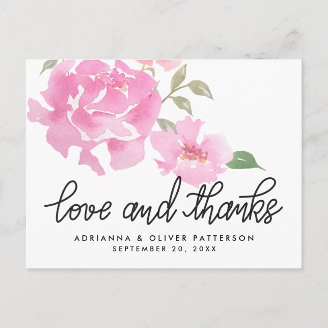 Handlettered Love And Thanks Pink Peonies Flowers Postcard (Front)