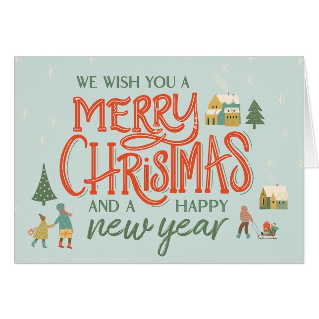 Handlettered Merry Christmas Village Greeting Card (Front Horizontal)