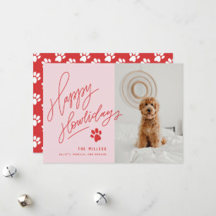 Handlettered Red Happy Howlidays Paw Dog Photo Holiday Card