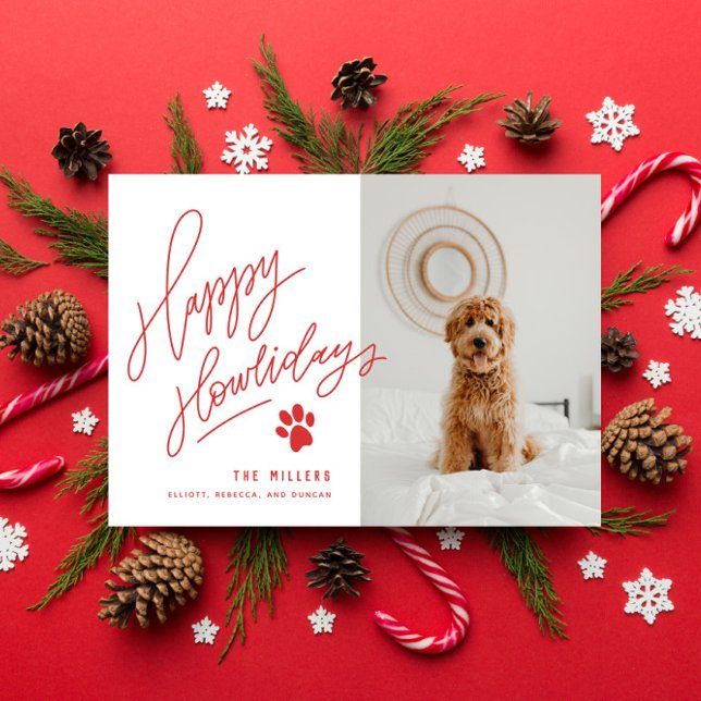 Handlettered Red Happy Howlidays Paw Dog Photo Holiday Card (Creator Uploaded)