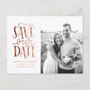 Handlettered Rose Gold Photo Save the Date Postcard