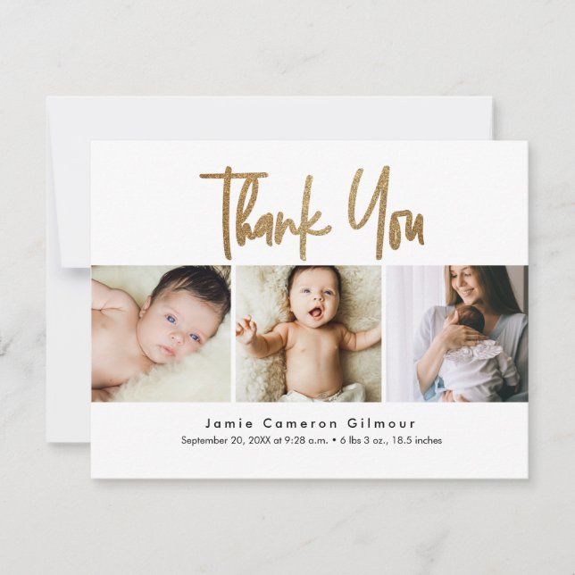 handlettering Gold Script Custom 3 photo Baby Thank You Card (Front)