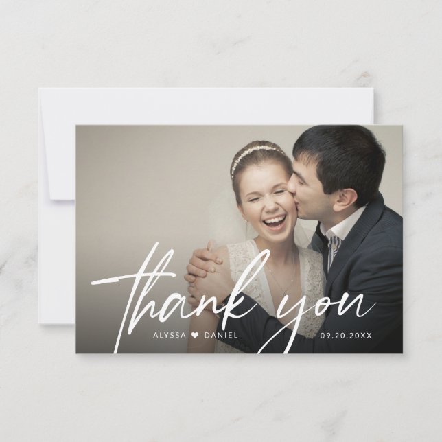 Handlettering Script Heart Wedding Photo Thank You Card (Front)