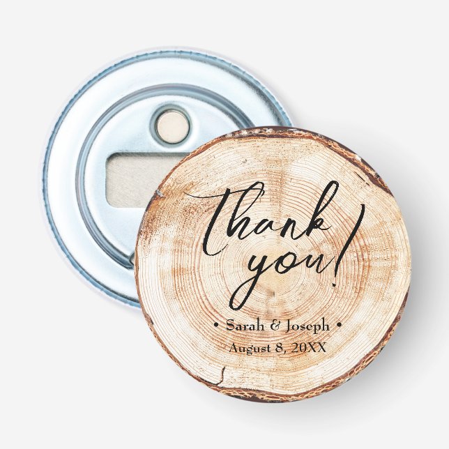 Handlettering script tree wood slice wedding favou bottle opener (Front)