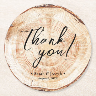 Handlettering script tree wood slice wedding favou round paper coaster