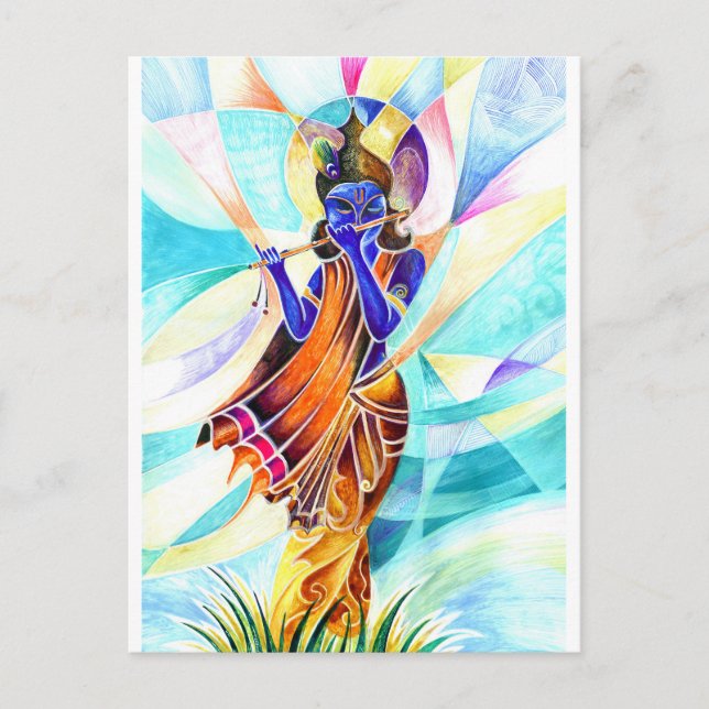 Handmade Abstract Painting of Lord Krishna with fl Postcard (Front)