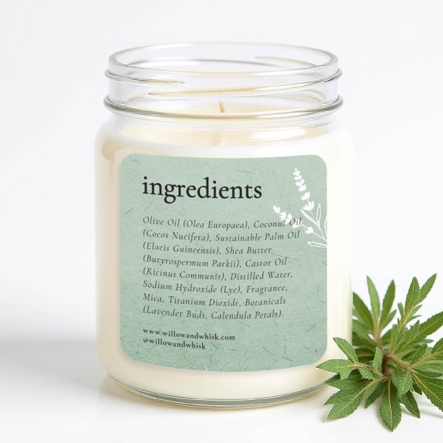 Handmade Arts Candle Product Packaging Sage Green Square Sticker (handmade artisanal homemade candle soap label gifting christmas bridal baby shower kraft botanical)