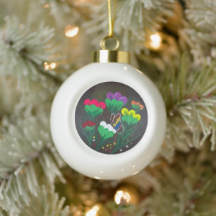 Handmade artwork - Butterfly Bolssom Ceramic Ball Christmas Ornament