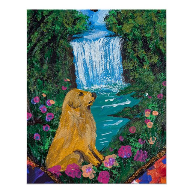     Handmade Artwork – Dog by the Waterfall  Poster (Front)