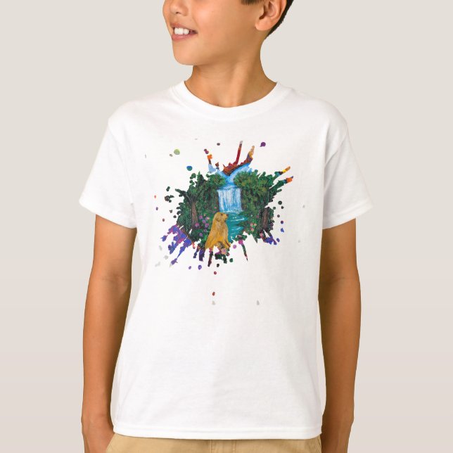     Handmade Artwork – Dog by the Waterfall  T-Shirt (Front)