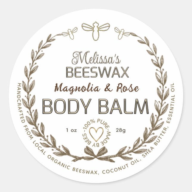 Handmade Beeswax Body Balm Wreath Bee Heart   Classic Round Sticker (Front)