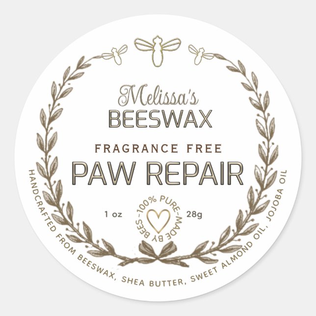 Handmade Beeswax Paw Repair Wreath Bee Heart   Classic Round Sticker (Front)