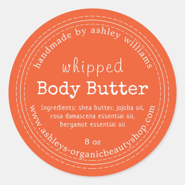 Handmade Body Butter Organic Business Orange Label (Front)