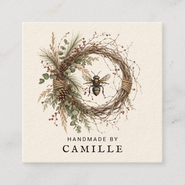 Handmade Botanical Wreath Logo Cream Square Business Card (Front)