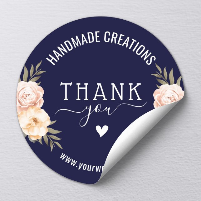 Handmade Business Thank You Elegant Floral Navy Classic Round Sticker (Creator Uploaded)