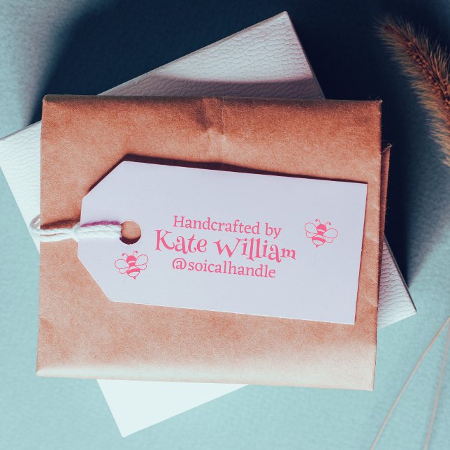 Handmade by (custom text) + name, pink feminine se self-inking stamp (Creator Uploaded)