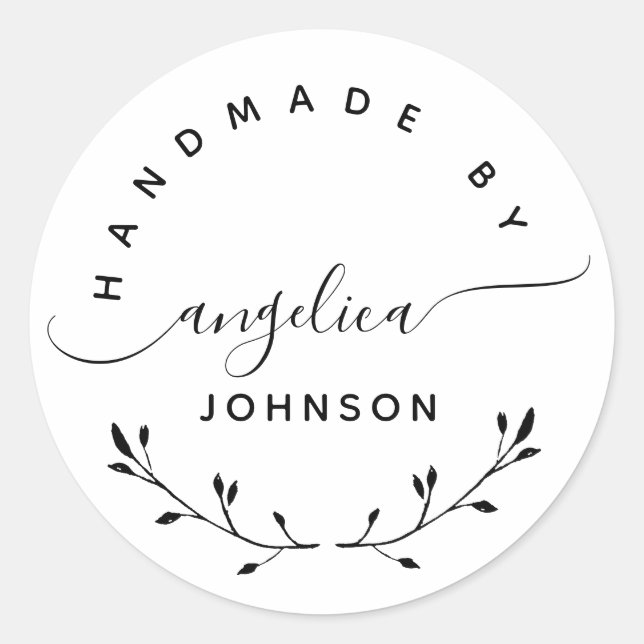 Handmade By Elegant Script Botanical  Classic Round Sticker (Front)