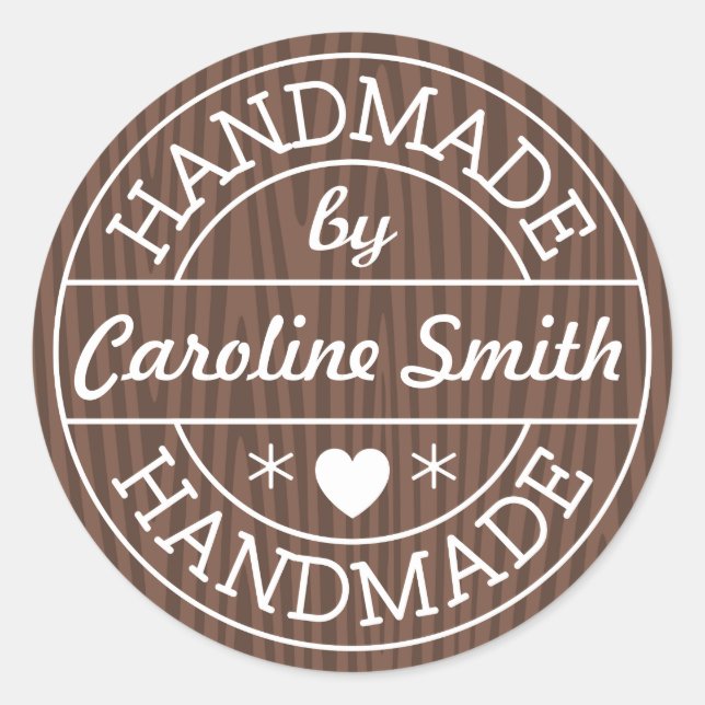 Handmade by stamp on dark wood personalised name classic round sticker (Front)