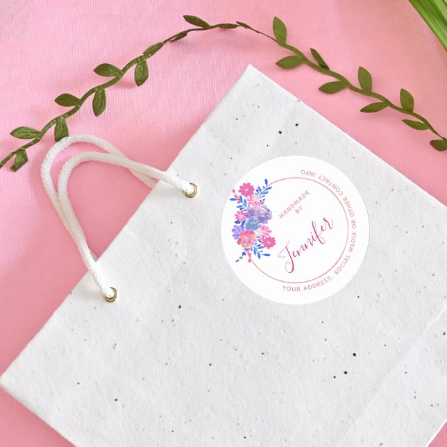 Handmade By You Custom Name and Contact Info Classic Round Sticker (Creator Uploaded)