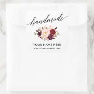 Handmade Calligraphy Burgundy Floral Small Square Sticker