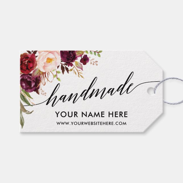 Handmade Calligraphy Burgundy Floral Tags (Front (Horizontal))