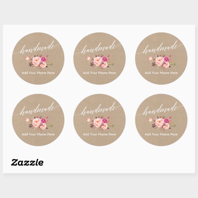 Handmade Calligraphy Pink Floral Kraft Round Classic Round Sticker (Sheet)
