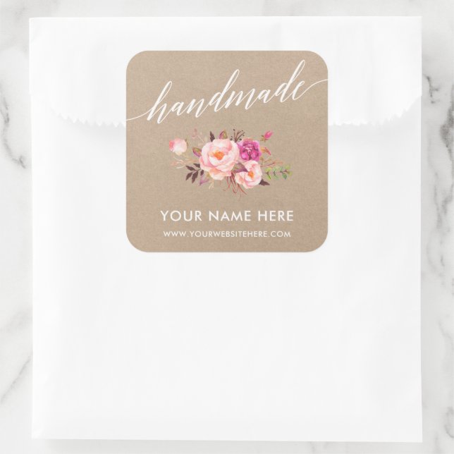 Handmade Calligraphy Pink Floral Kraft Small Square Sticker (Bag)