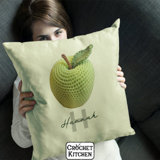 Handmade Craft Green Crochet Apple Monogram Name Cushion