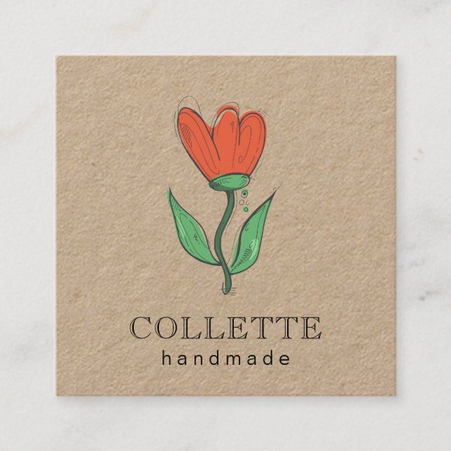 Handmade Flower Logo Kraft Square Business Card (Front)