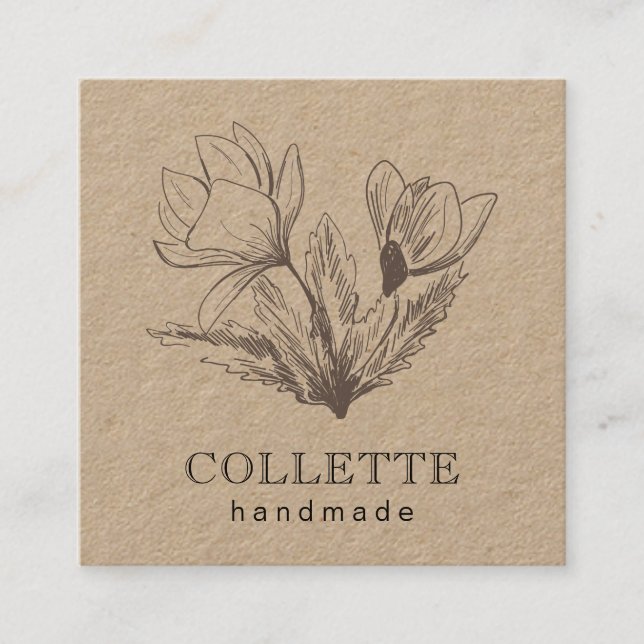 Handmade Flower Logo Kraft Square Business Card (Front)