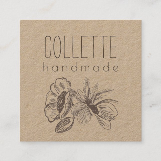 Handmade Flower Logo Kraft Square Business Square Business Card (Front)