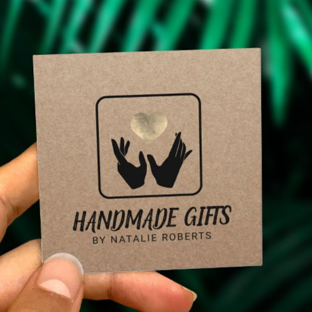 Handmade Gift Hands & Heart Rustic Kraft Square Business Card (Creator Uploaded)