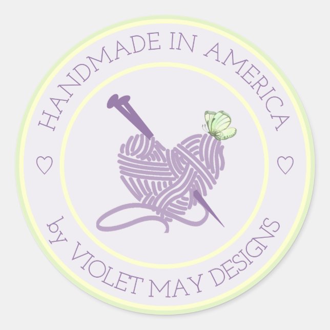 Handmade in - Heart Pastel Knitting & Yarn Craft Classic Round Sticker (Front)
