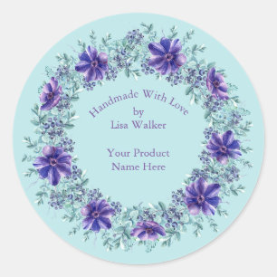 Handmade Item Label Rustic Aqua & Purple Wreath