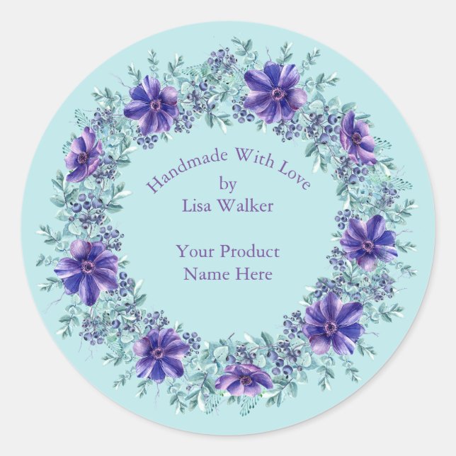 Handmade Item Label Rustic Aqua & Purple Wreath (Front)