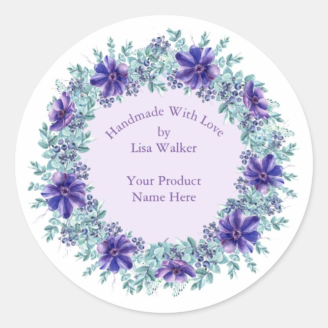 Handmade Item Label Rustic Aqua Wreath & Purple (Front)