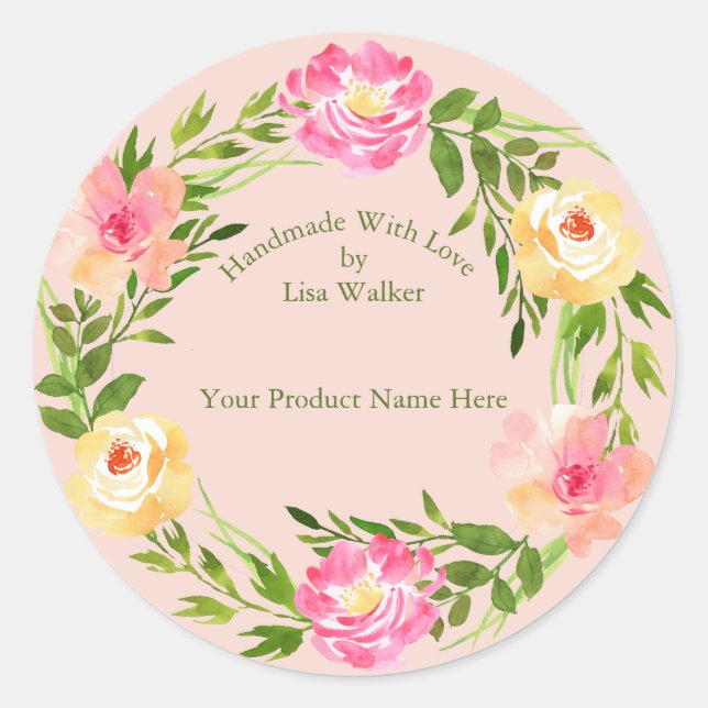 Handmade Item Rose Wreath Blush Centre Classic Round Sticker (Front)